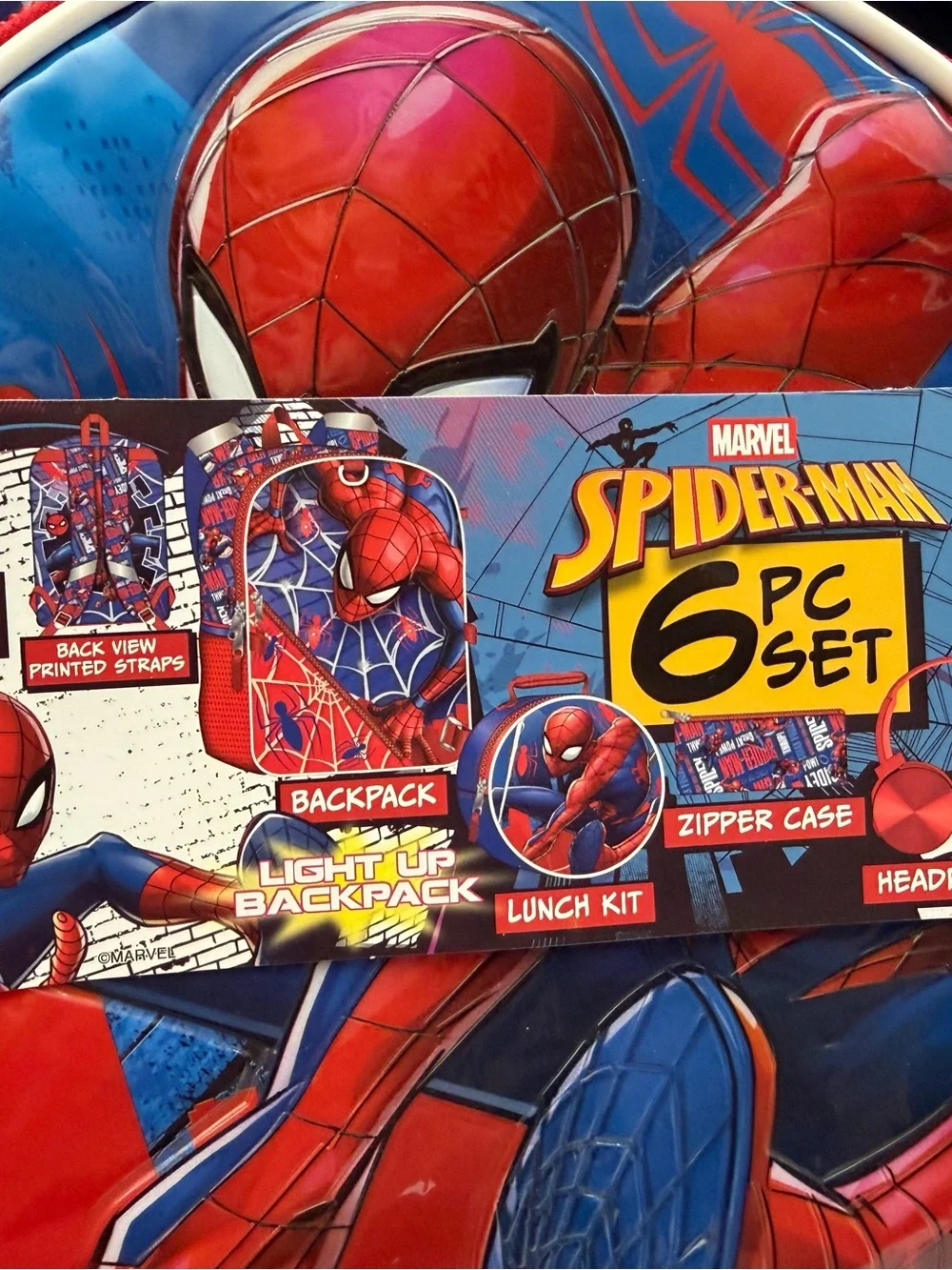 Marvel Spider-Man 6 Piece Light Up Backpack Set Lunch Kit Headphones Kids